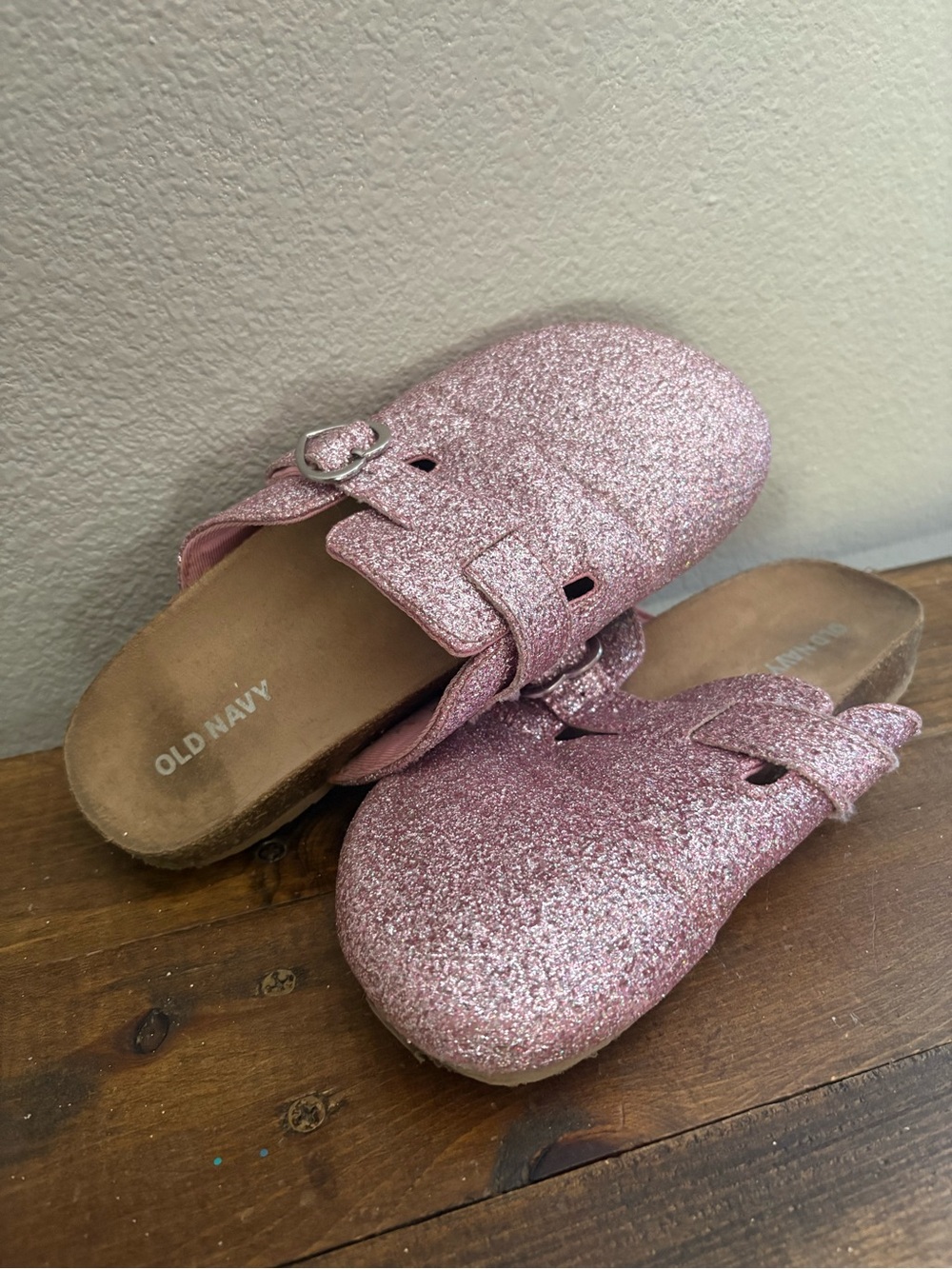 Old Navy Rose Pink Glitter Buckle Clogs